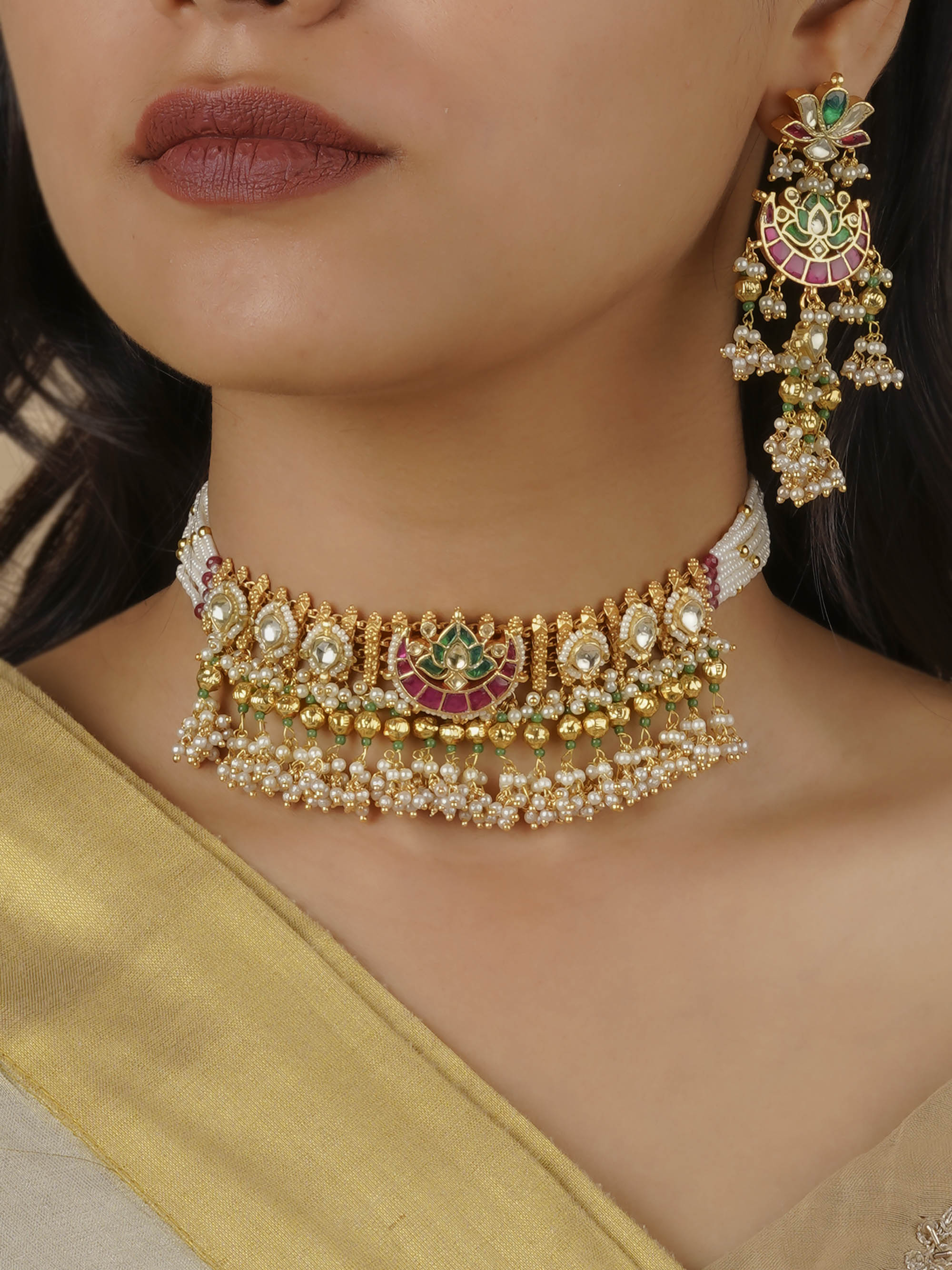 MS1851M - Multicolor Gold Plated Jadau Kundan Necklace Set