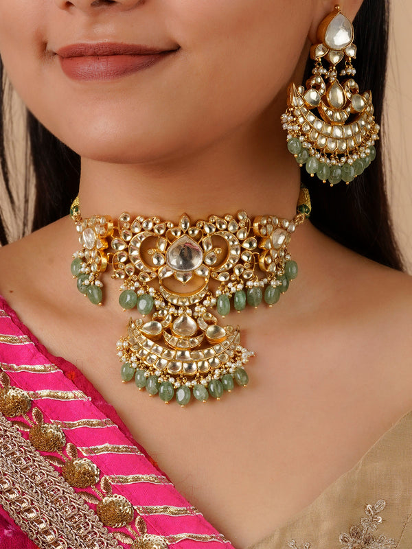 MS1854Y - Green Color Gold Plated Jadau Kundan Necklace Set