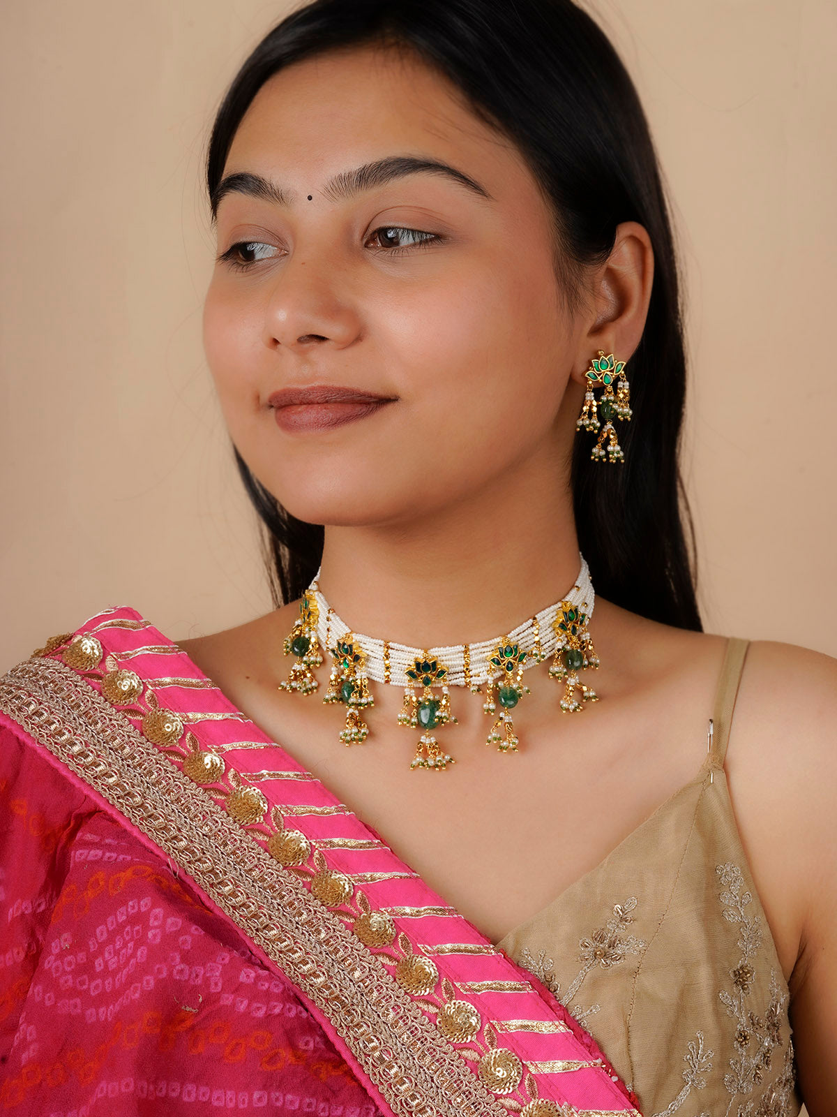 MS1858GRA - Green Color Gold Plated Jadau Kundan Necklace Set