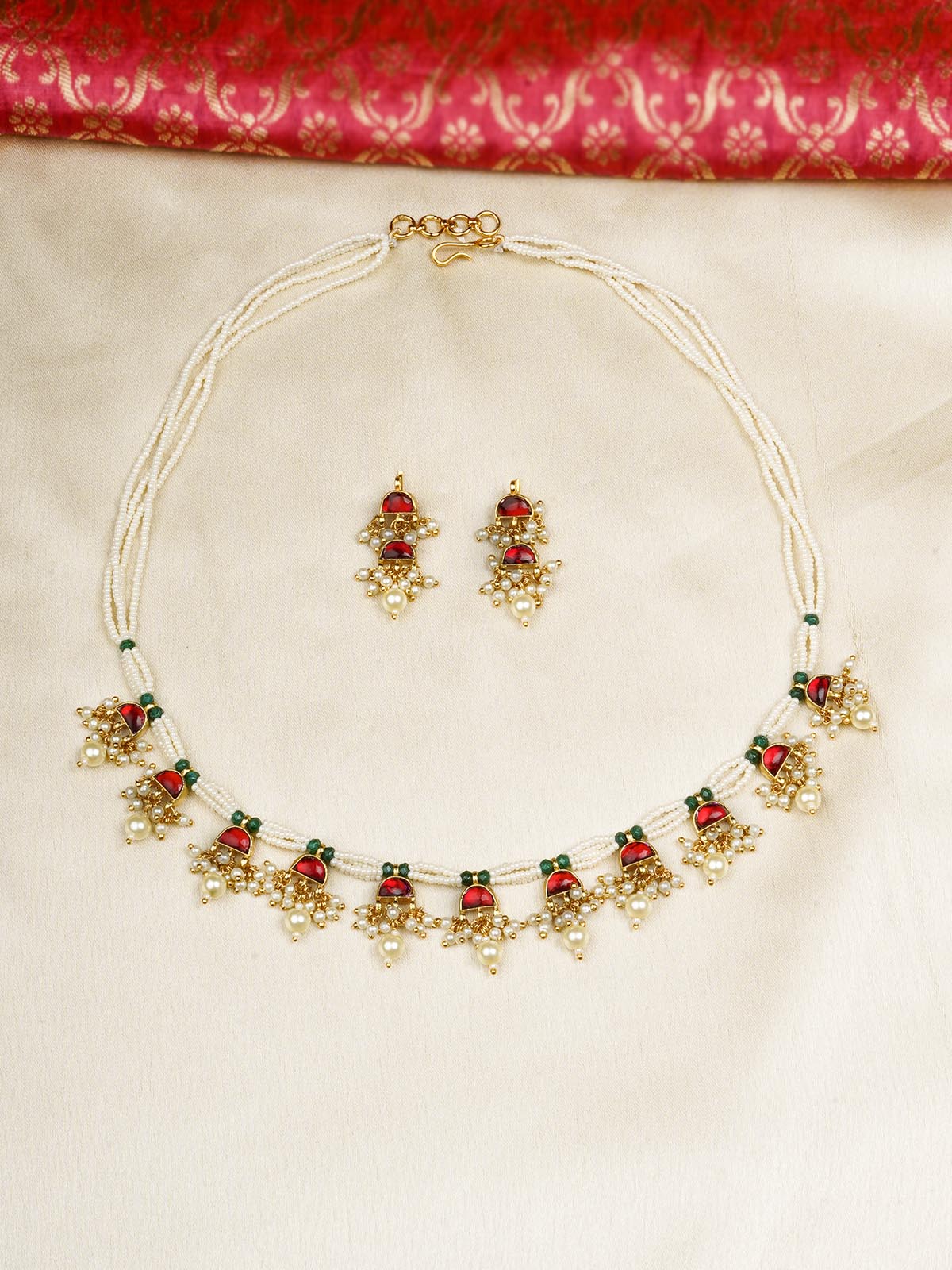 MS1861R - Red Color Gold Plated Jadau Kundan Necklace Set