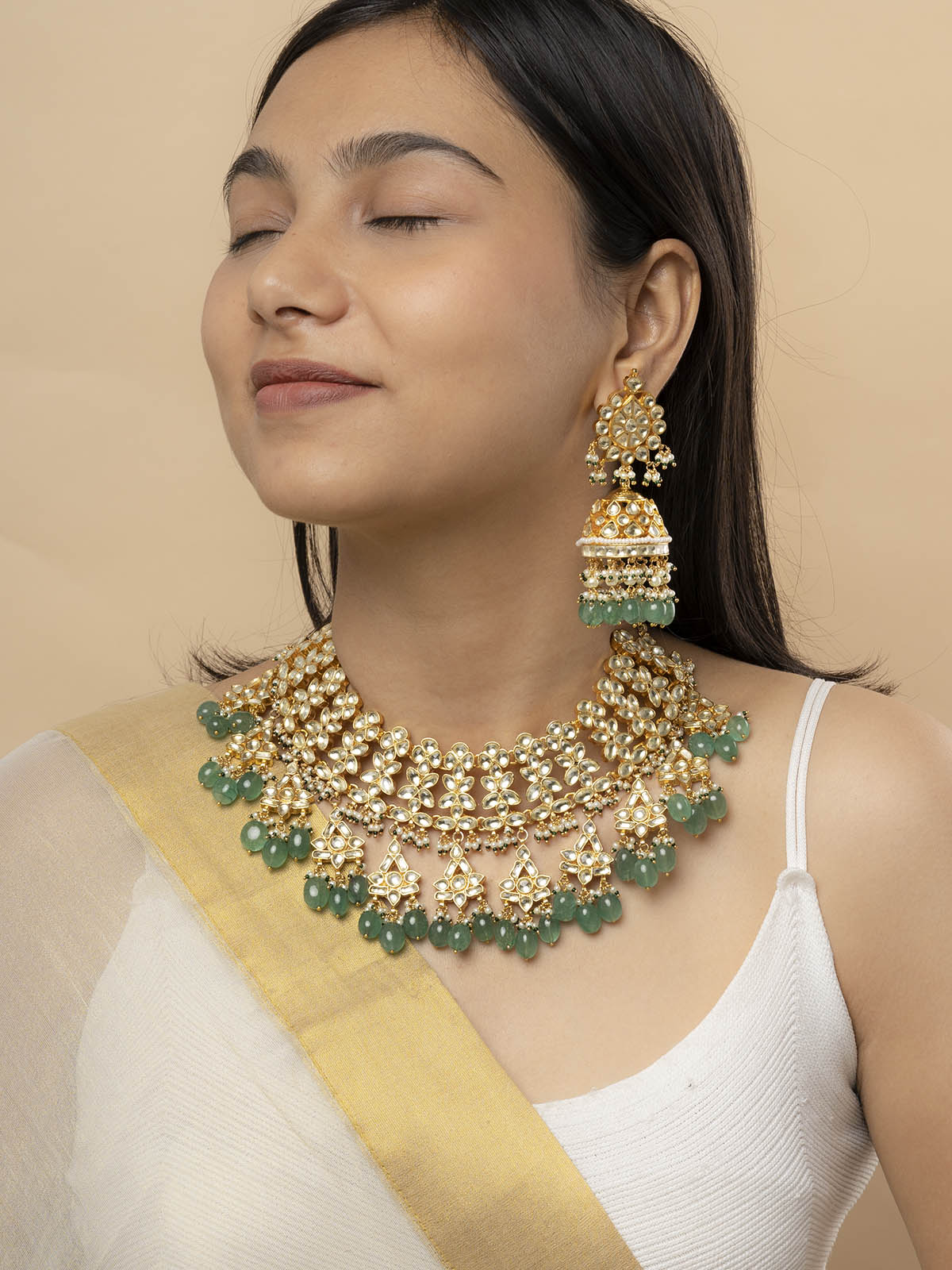 MS1870- Green Color Bridal Jadau Kundan Medium Necklace