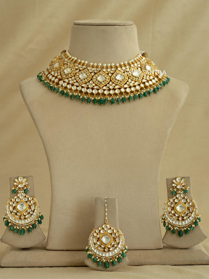 MS1871 - Green Color Bridal Jadau Kundan Medium Necklace Set With Tikka