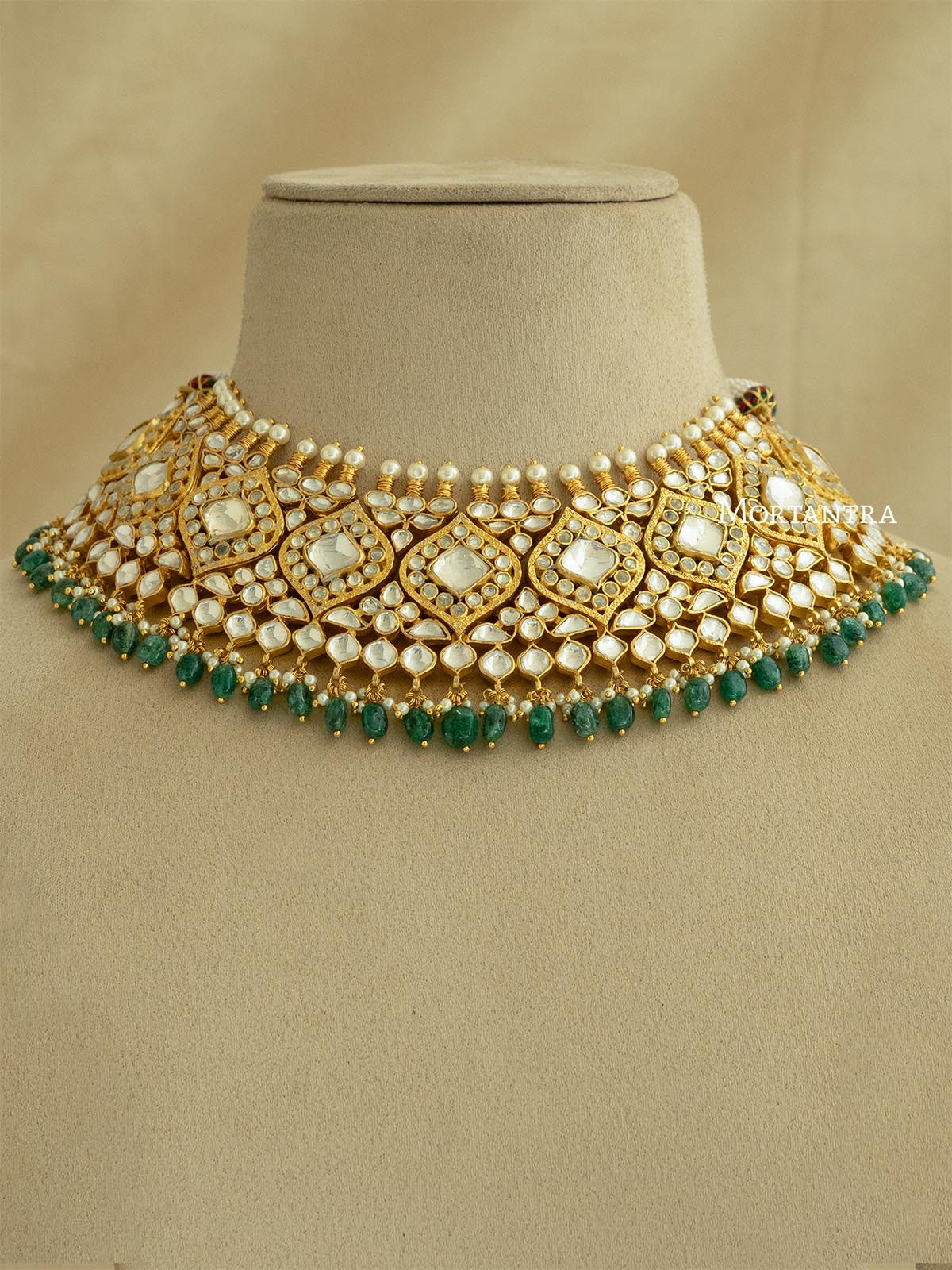 MS1871 - Green Color Bridal Jadau Kundan Medium Necklace Set With Tikka