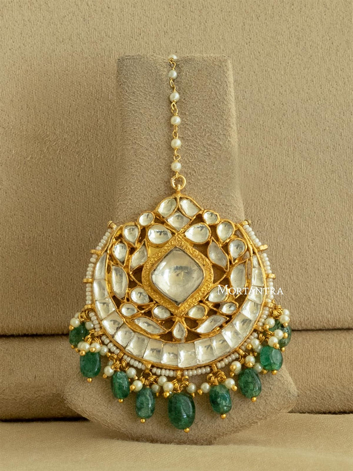 MS1871 - Green Color Bridal Jadau Kundan Medium Necklace Set With Tikka