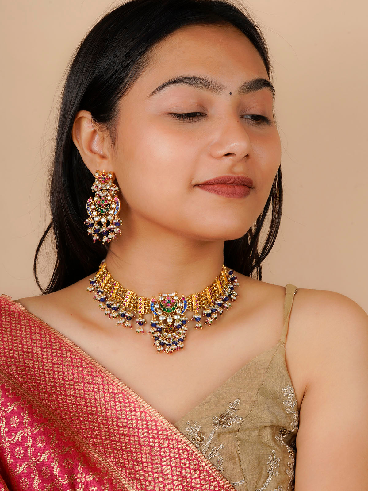 MS1872M - Multicolor Gold Plated Jadau Kundan Necklace Set