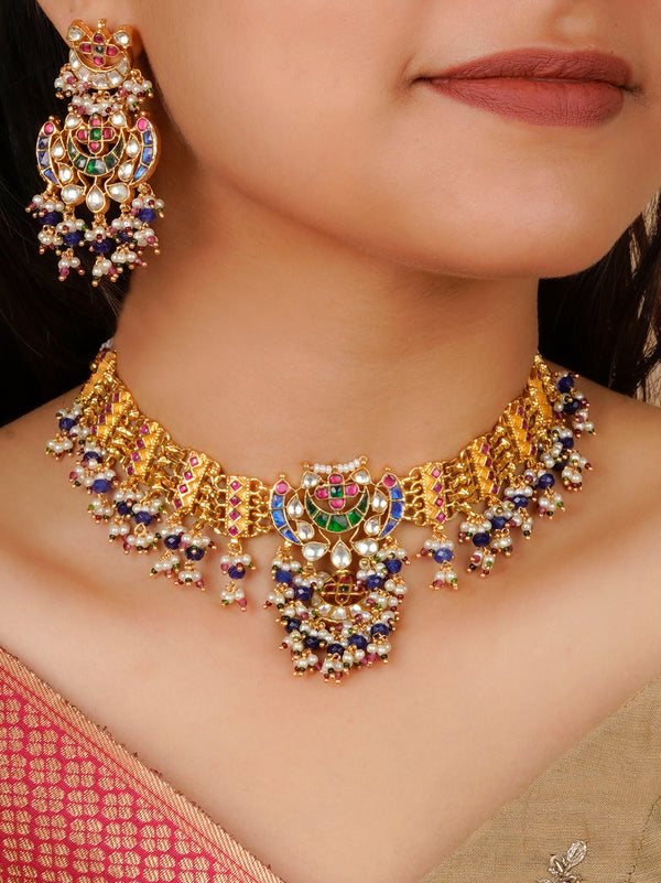 MS1872M - Multicolor Gold Plated Jadau Kundan Necklace Set