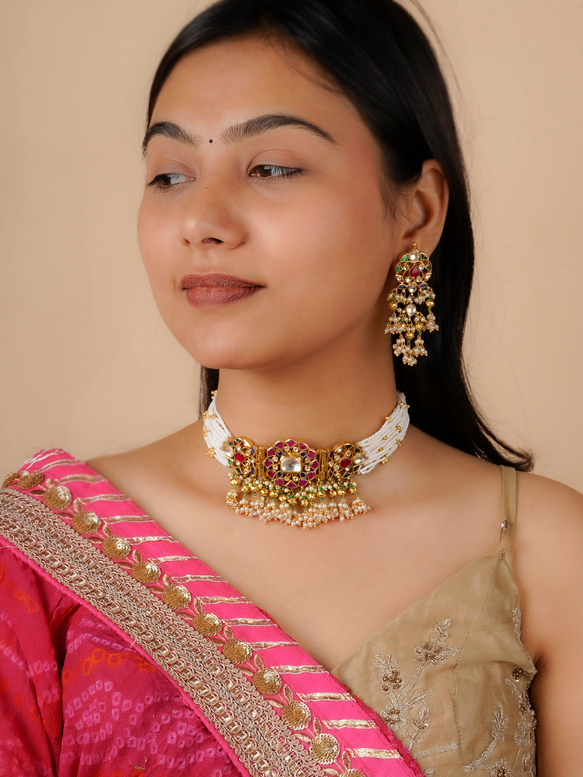MS1875M - Multicolor Gold Plated Jadau Kundan Necklace Set