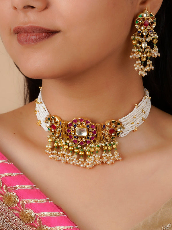 MS1875M - Multicolor Gold Plated Jadau Kundan Necklace Set