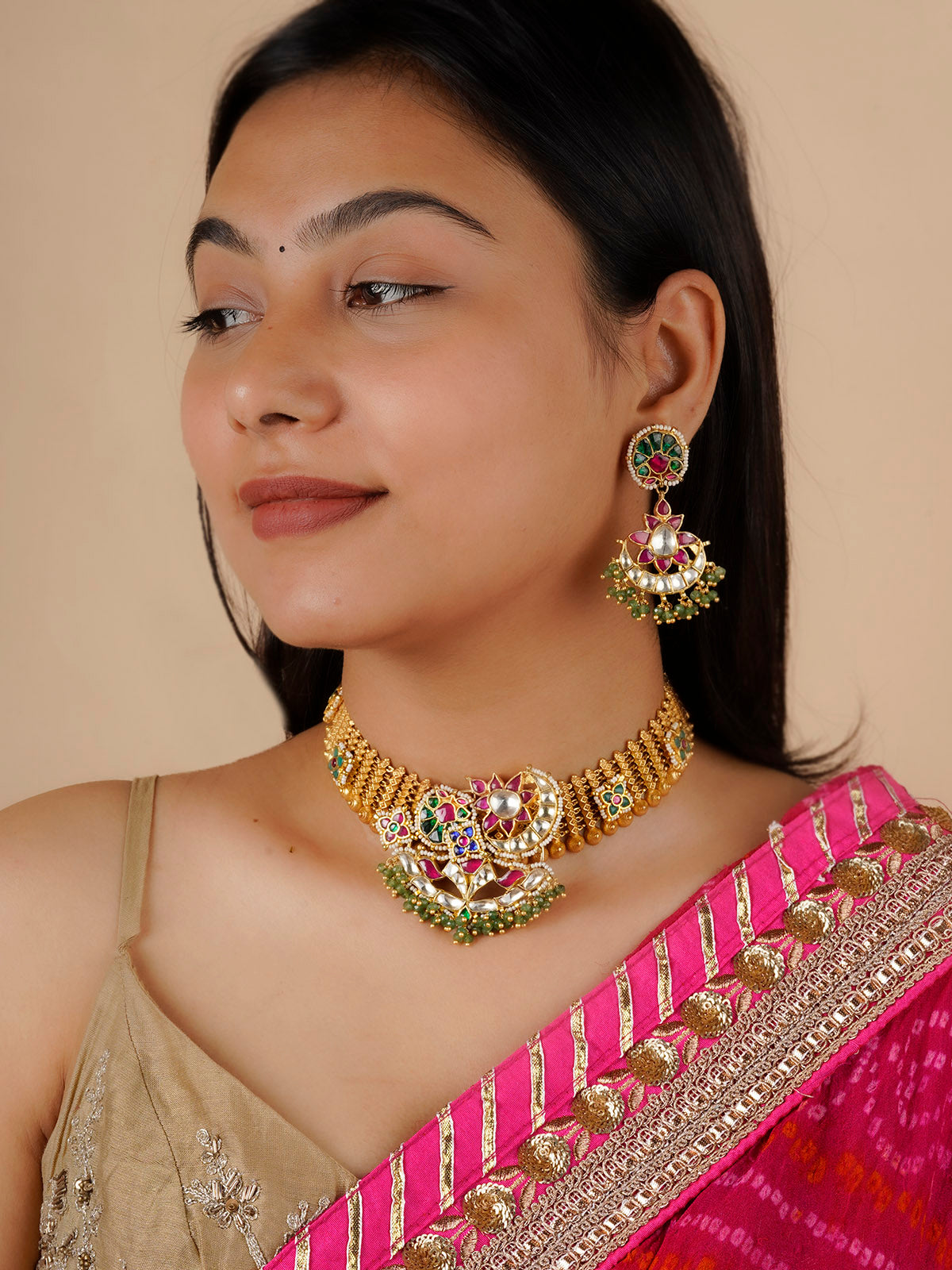 MS1890M - Multicolor Gold Plated Jadau Kundan Necklace Set