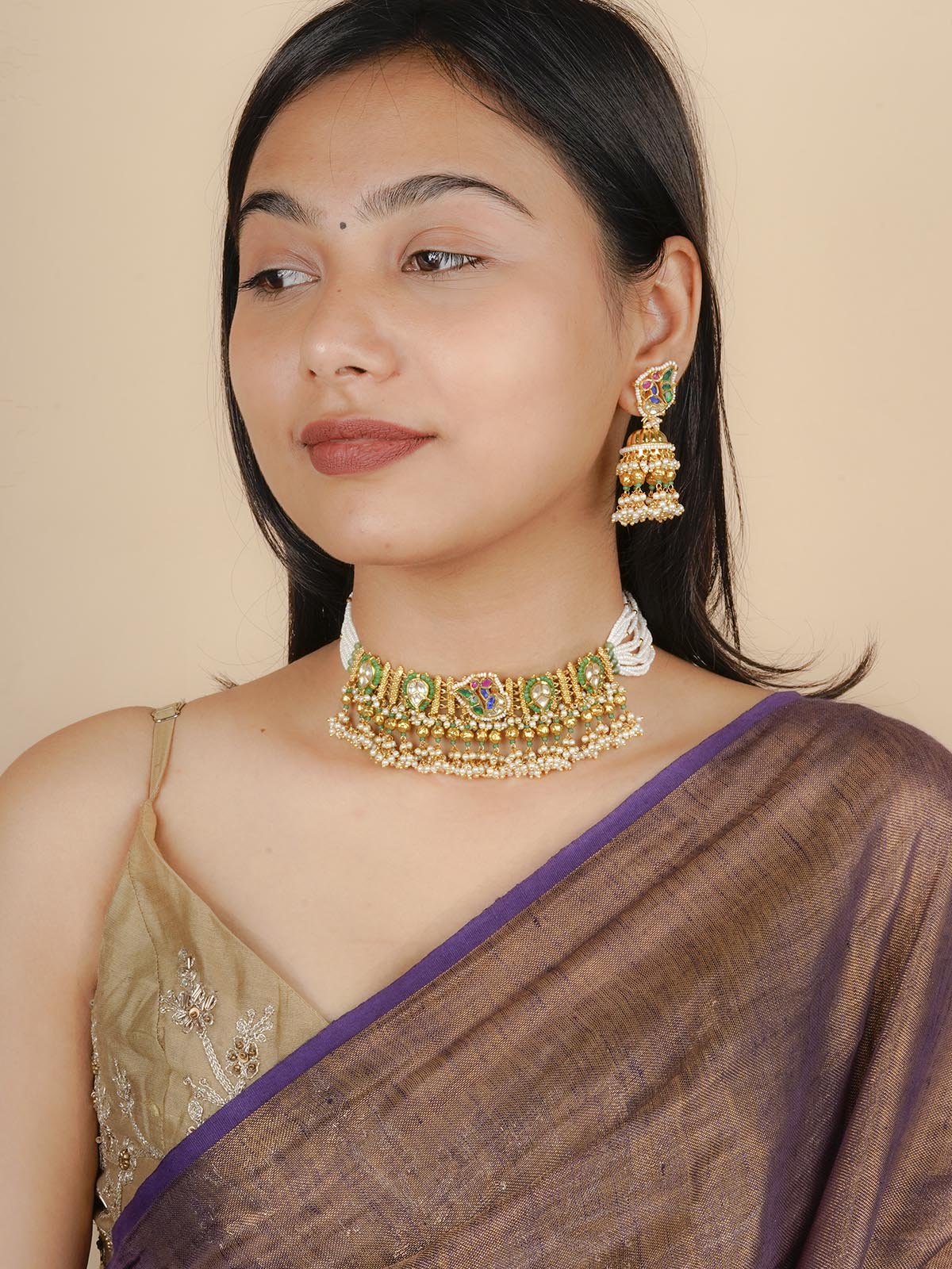 MS1905M - Multicolor Gold Plated Jadau Kundan Necklace Set