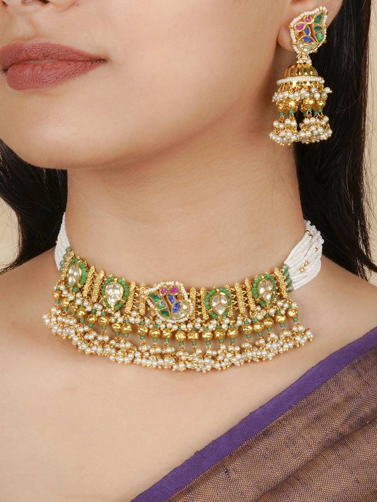MS1905M - Multicolor Gold Plated Jadau Kundan Necklace Set