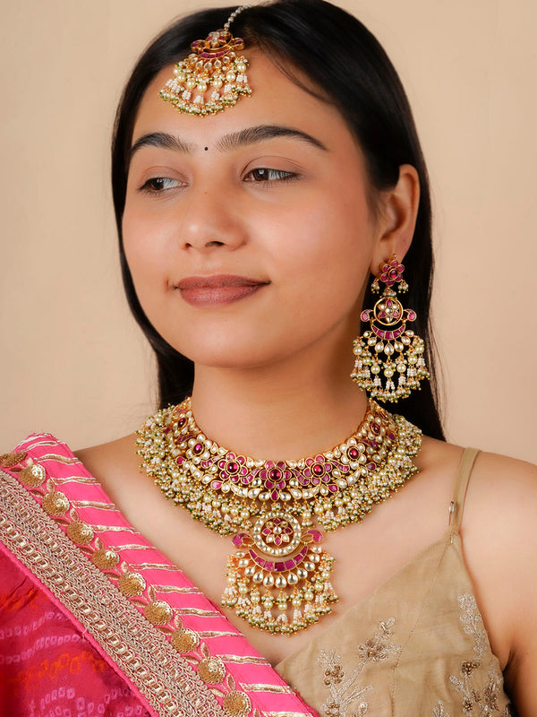 MS1932YP - Pink Color Gold Plated Jadau Kundan Bridal Necklace Set