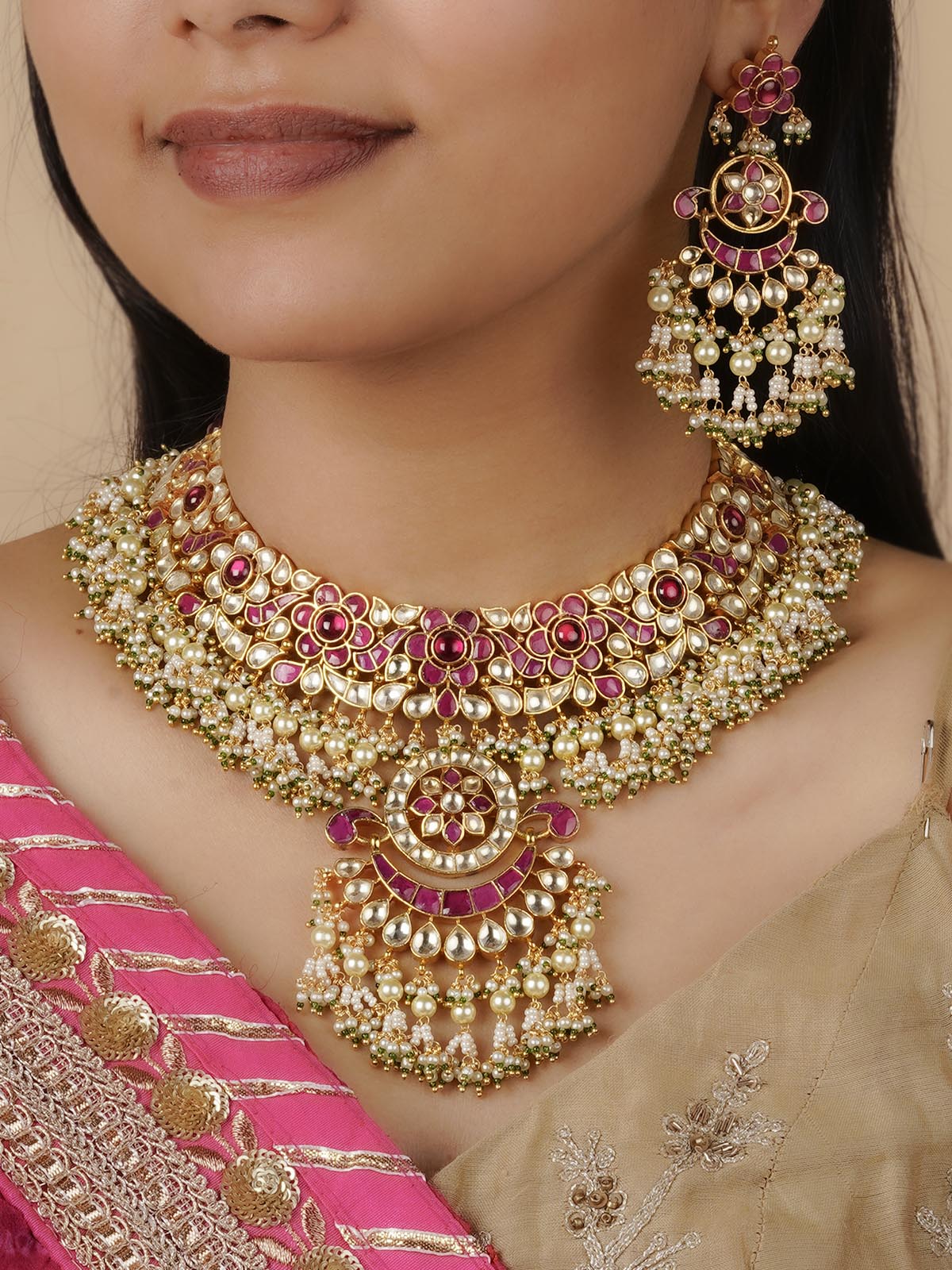 MS1932YP - Multicolor Gold Plated Jadau Kundan Bridal Necklace Set