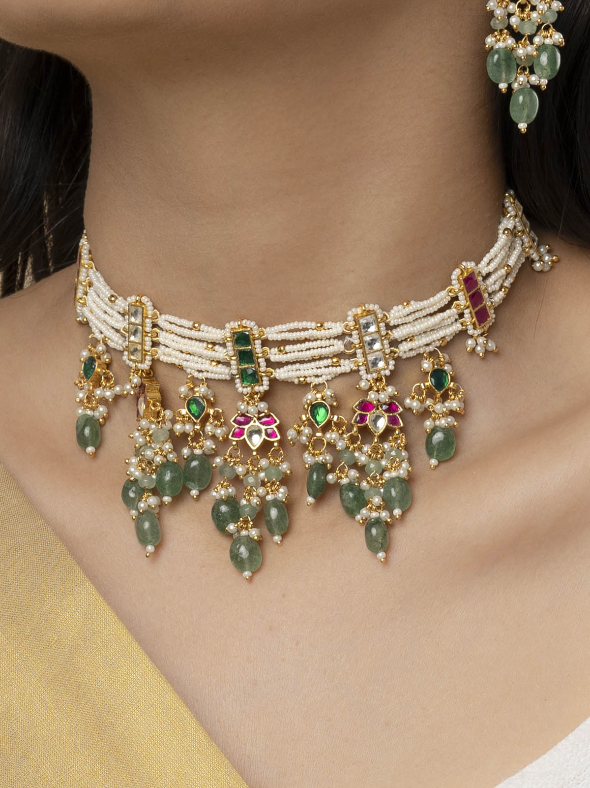 MS1940M - Multicolor Gold Plated Jadau Kundan Choker Necklace Set