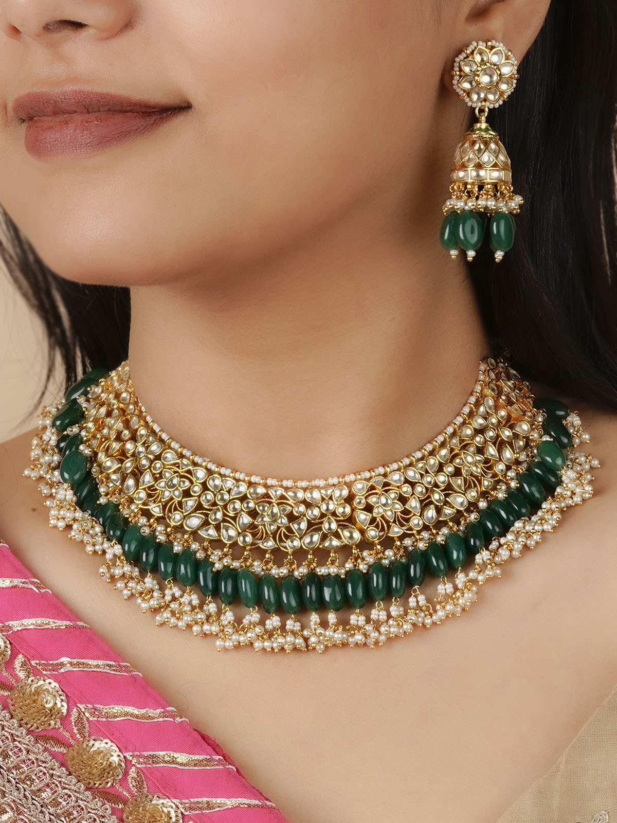 MS1946YA - Green Color Gold Plated Jadau Kundan Necklace Set