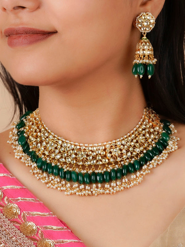 MS1946YA - Green Color Gold Plated Jadau Kundan Necklace Set