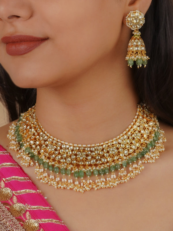 MS1946Y - Green Color Gold Plated Jadau Kundan Necklace Set