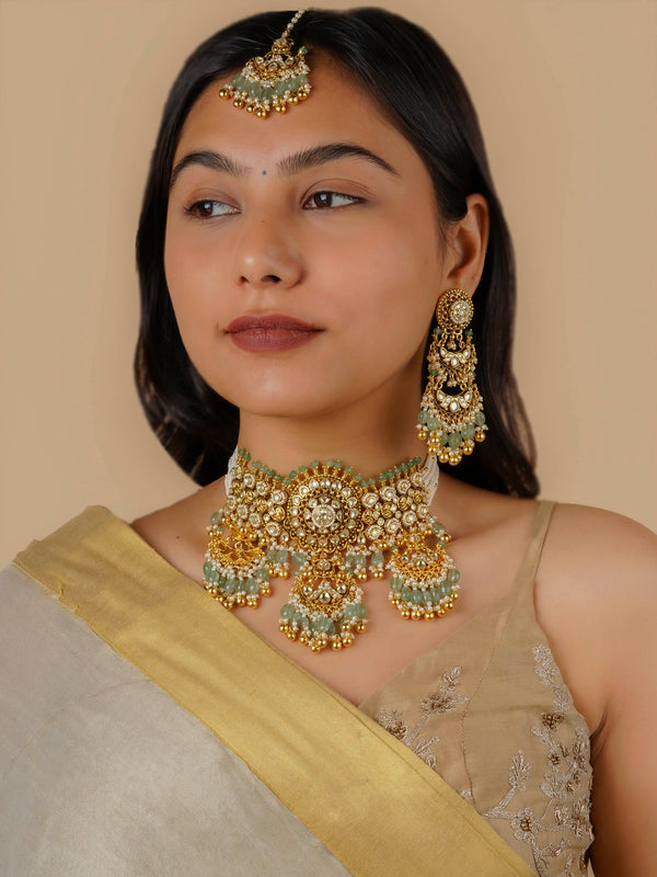 MS1956Y - Green Color Gold Plated Jadau Kundan Bridal Necklace Set