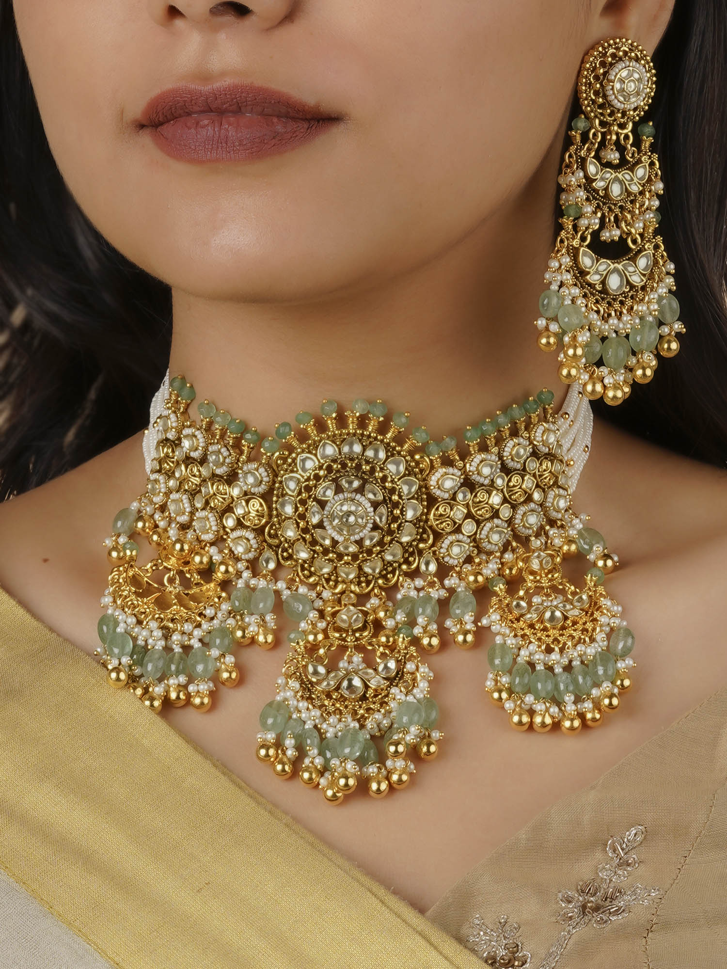 MS1956Y - Green Color Gold Plated Jadau Kundan Necklace Set