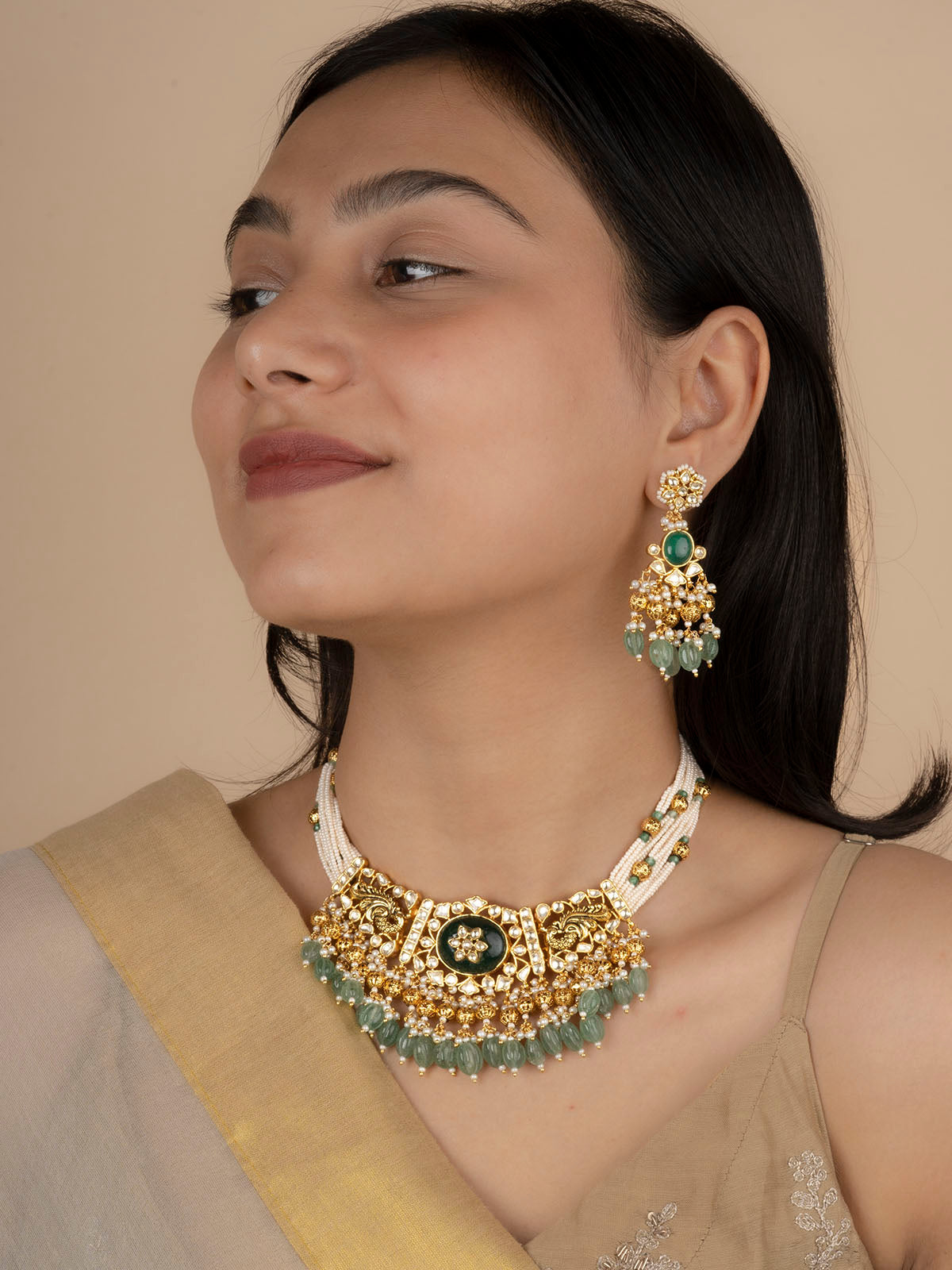 MS1960YGRA - Multicolor Gold Plated Jadau Kundan Medium Necklace Set