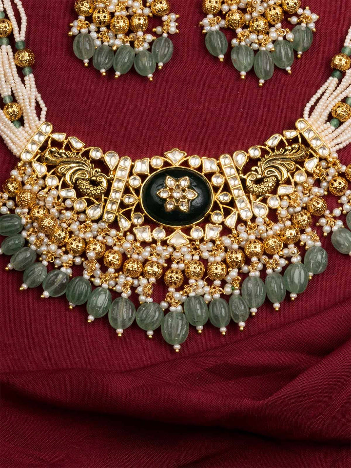 MS1960YGRA - Multicolor Gold Plated Jadau Kundan Medium Necklace Set