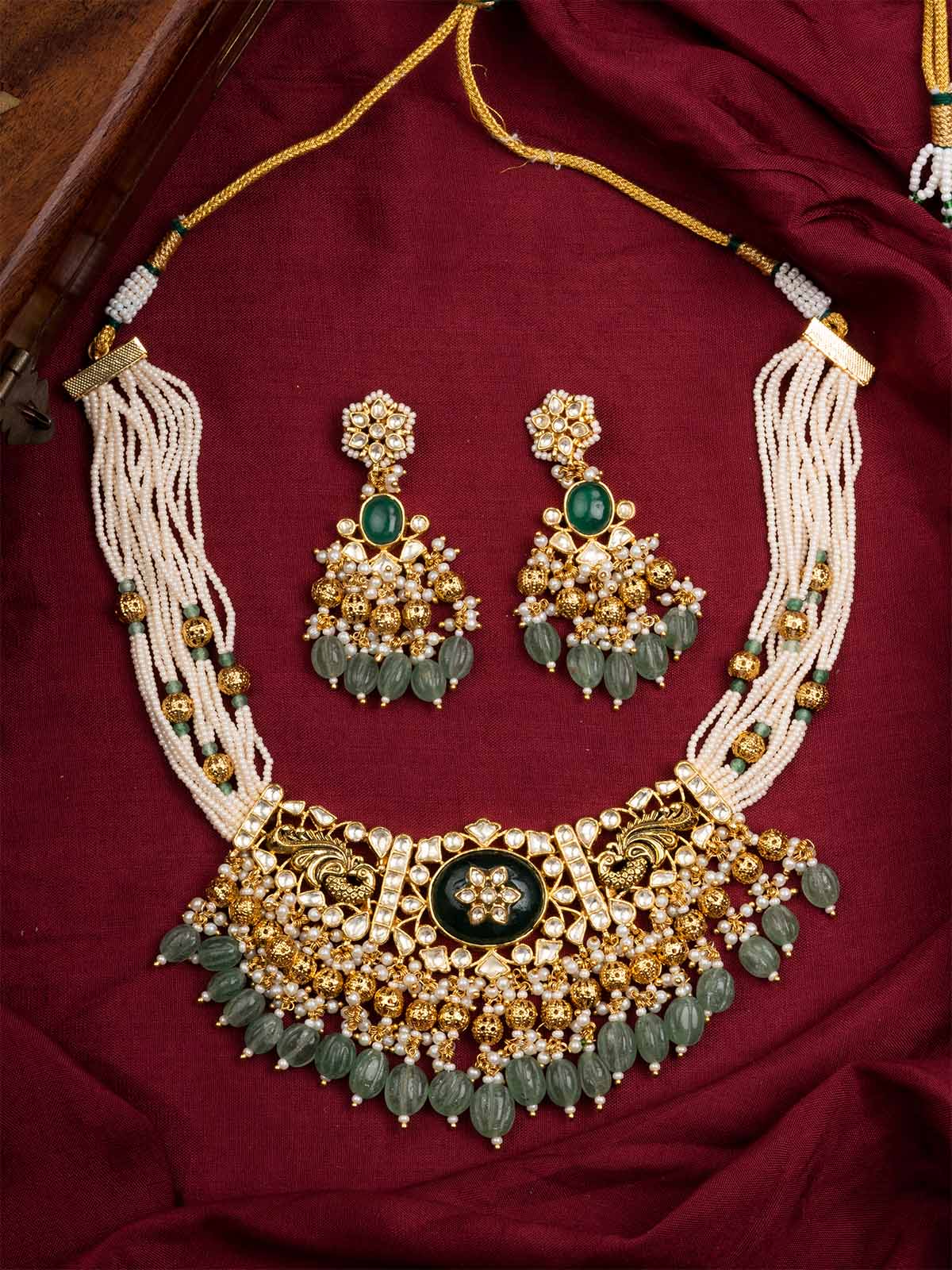 MS1960YGRA - Multicolor Gold Plated Jadau Kundan Medium Necklace Set