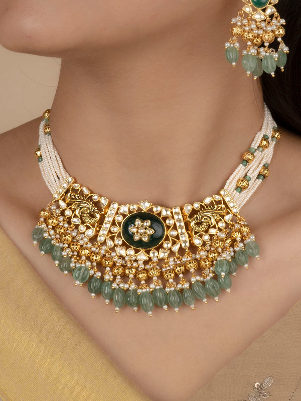 MS1960YGRA - Multicolor Gold Plated Jadau Kundan Medium Necklace Set