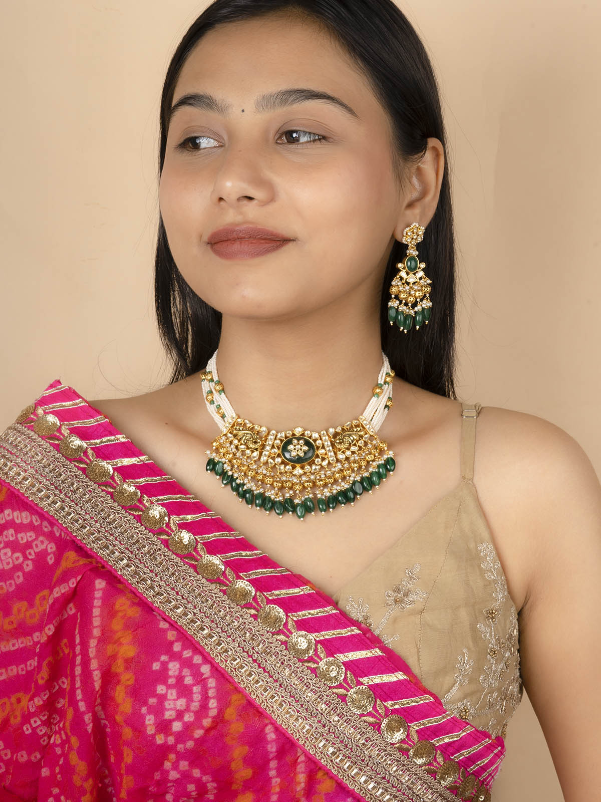 MS1960YGR - Dark Green Color Gold Plated Jadau Kundan Medium Necklace Set
