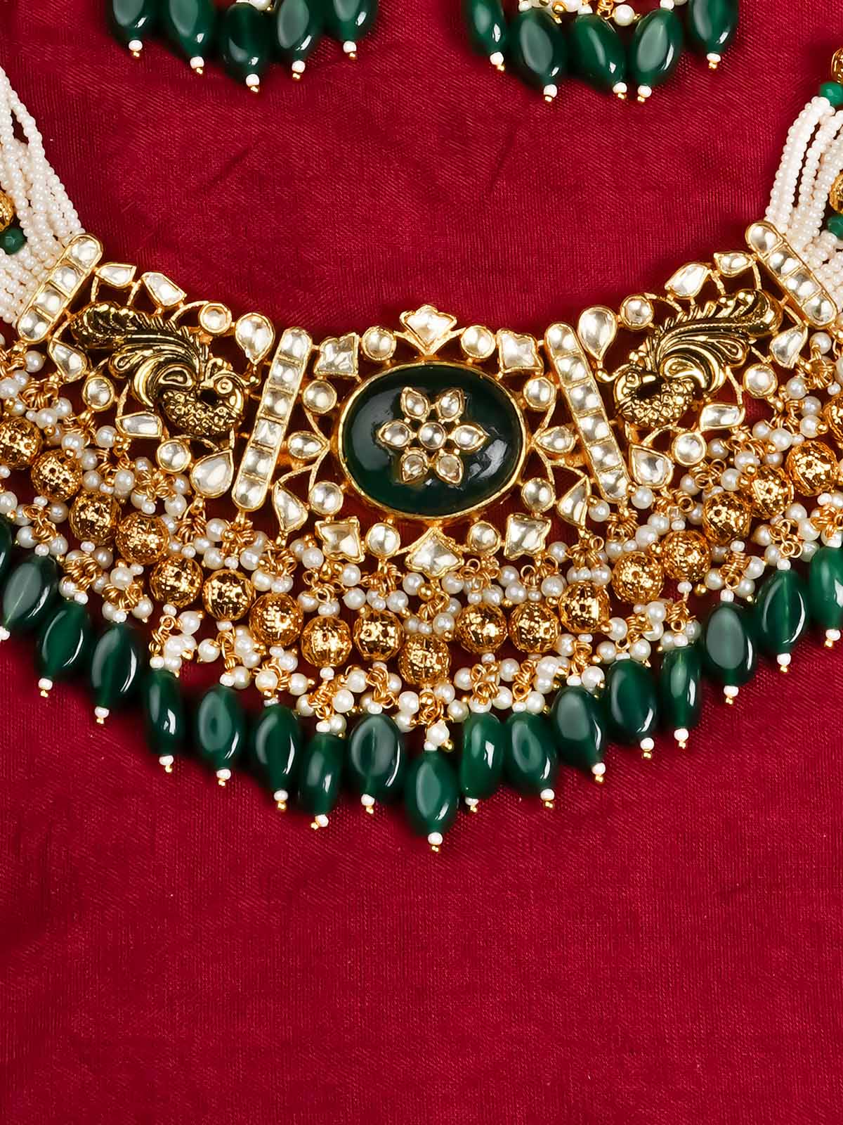MS1960YGR - Green Color Gold Plated Jadau Kundan Necklace Set