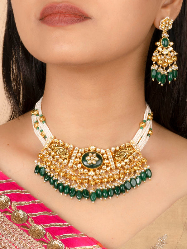 MS1960YGR - Dark Green Color Gold Plated Jadau Kundan Medium Necklace Set