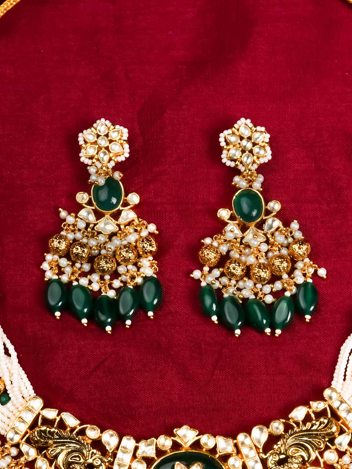MS1960YGR - Green Color Gold Plated Jadau Kundan Necklace Set