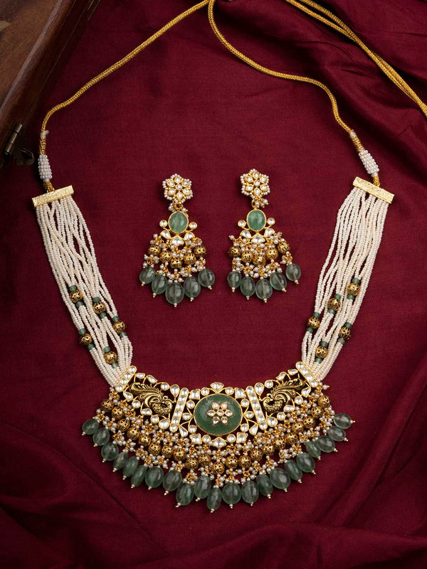 MS1960YLGR - Green Color Gold Plated Jadau Kundan Medium Necklace Set
