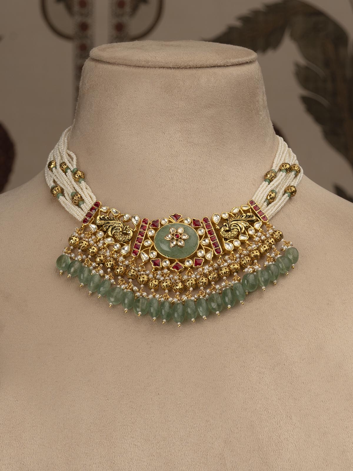 MS1960YP - Multicolor Gold Plated Jadau Kundan Choker Necklace Set