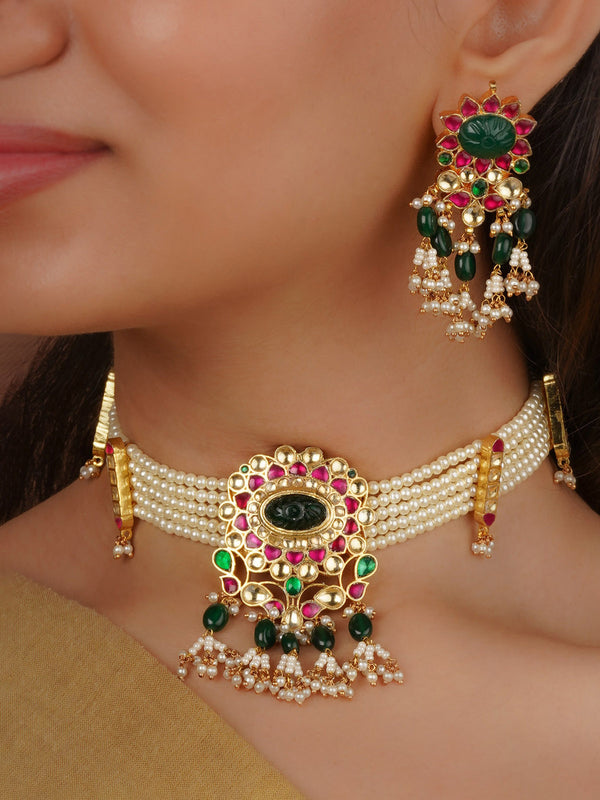 Multicolor Gold Plated Jadau Kundan Necklace Set - MS1961