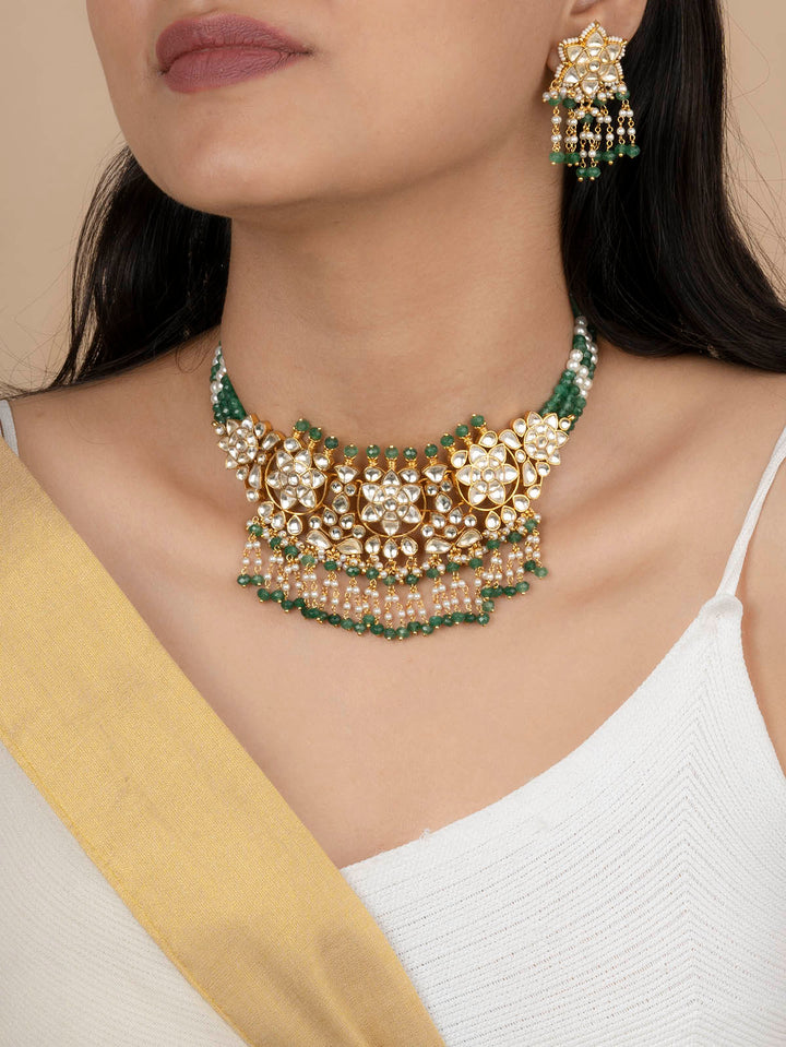 MS1962Y - Green Color Jadau Kundan Short Necklace Set