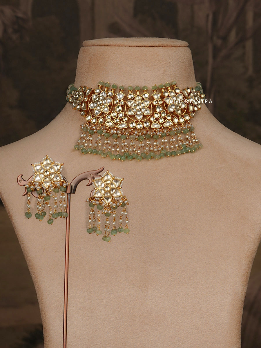 MS1962YA - Green Color Bridal Jadau Kundan Choker Necklace Set