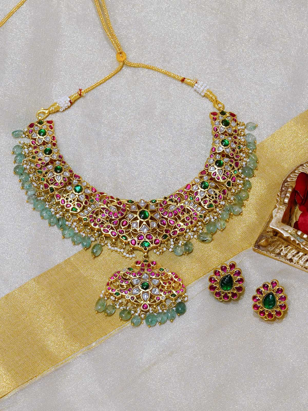 MS1968M - Multicolor Gold Plated Jadau Kundan Bridal Necklace Set