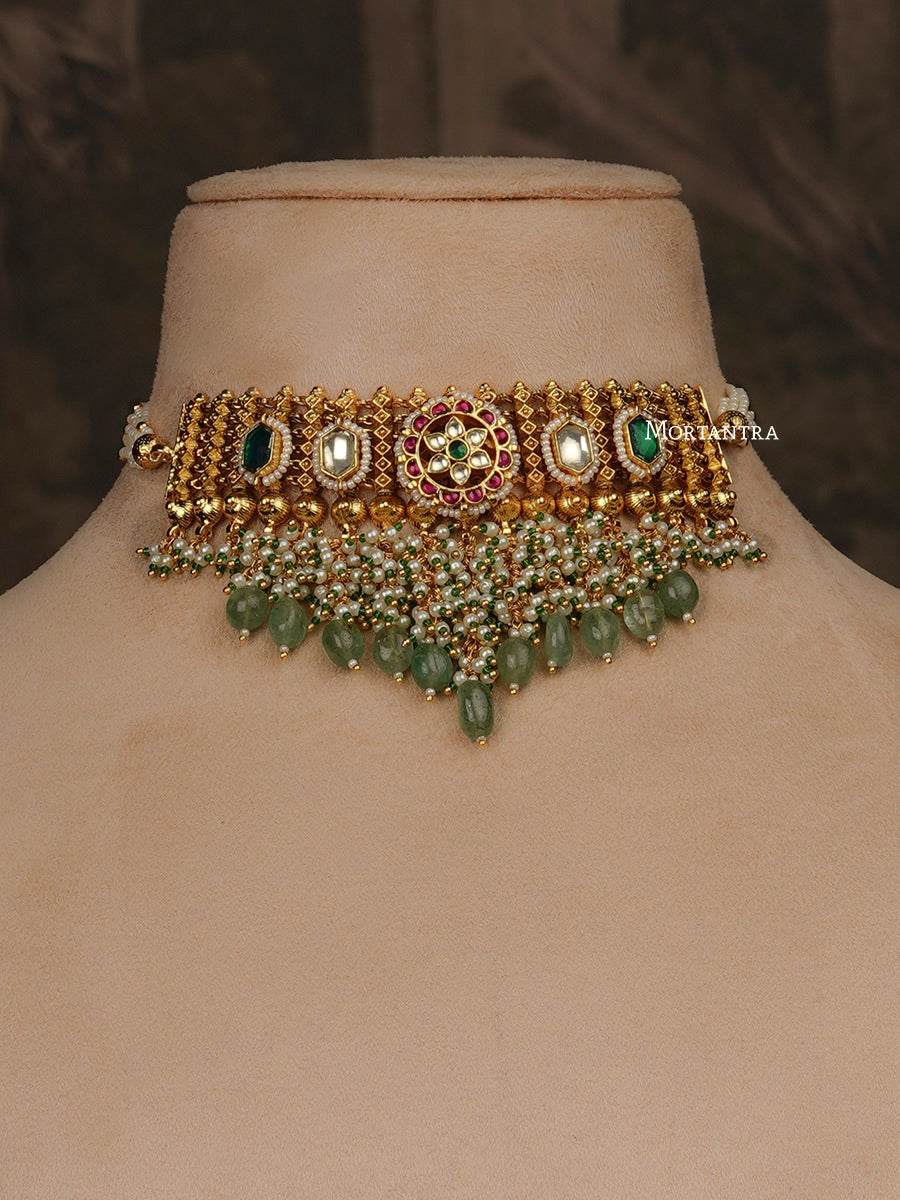 MS1969M - Multicolor Gold Plated Jadau Kundan Choker Necklace Set