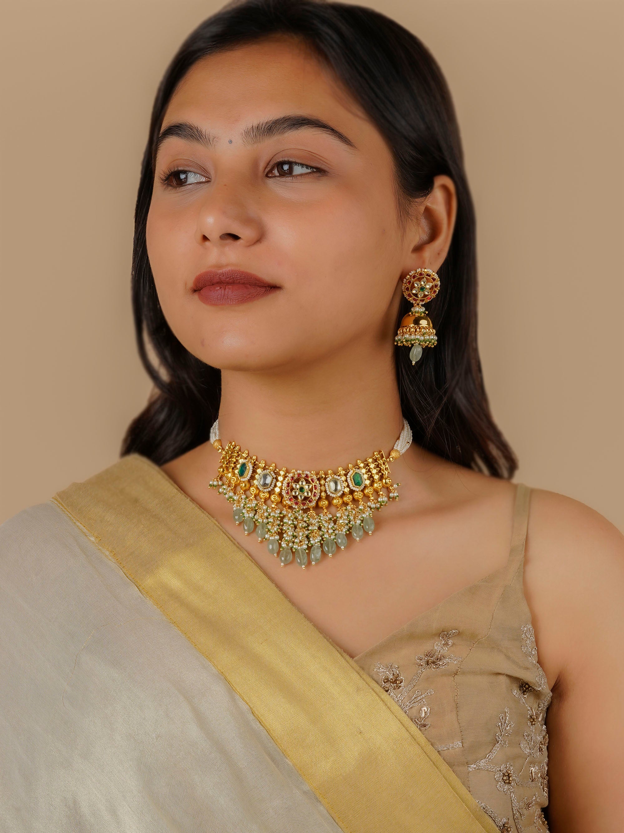 MS1969M - Multicolor Gold Plated Jadau Kundan Necklace Set