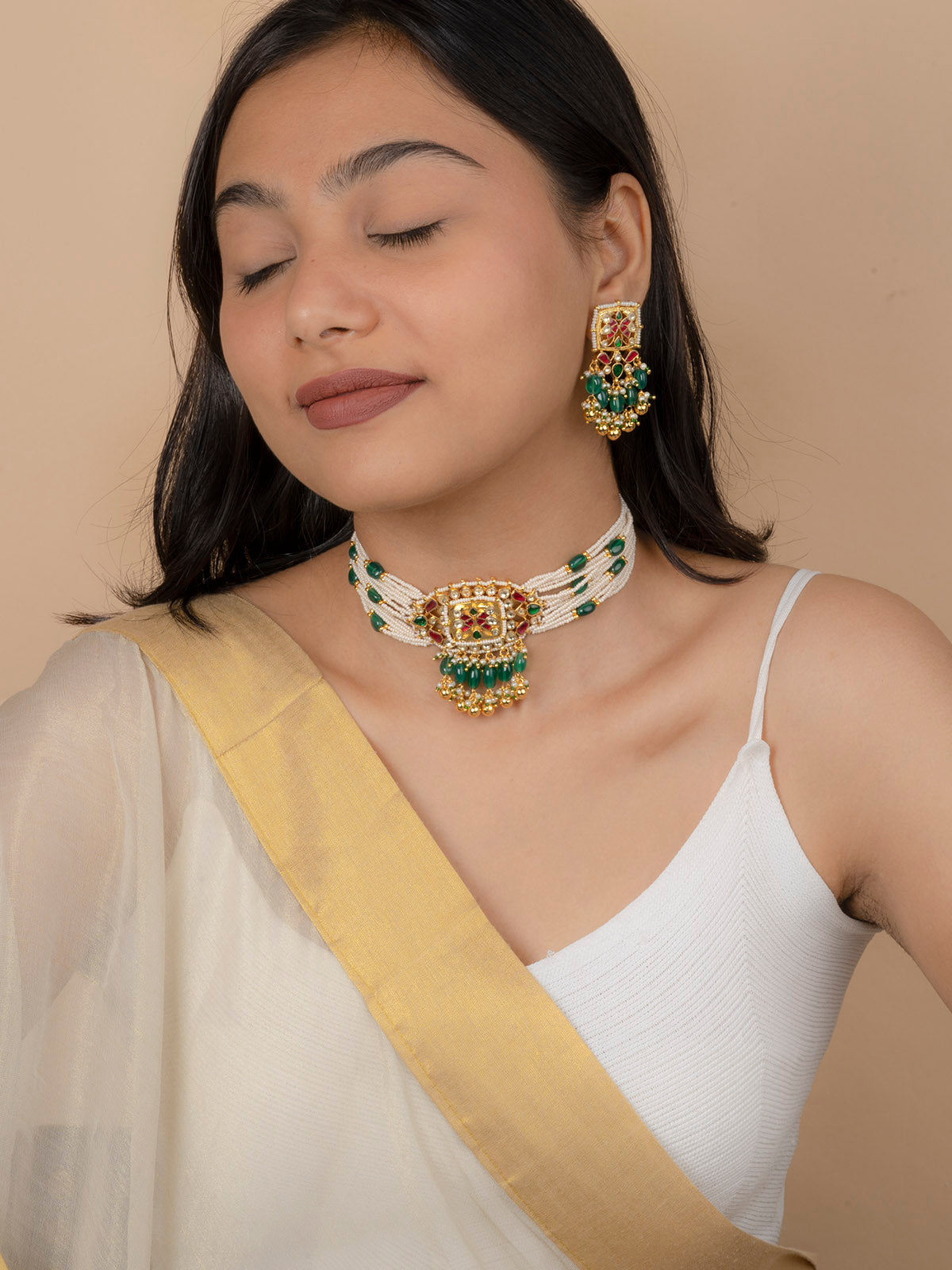 MS1971M - Multicolor Gold Plated Jadau Kundan Long Necklace Set
