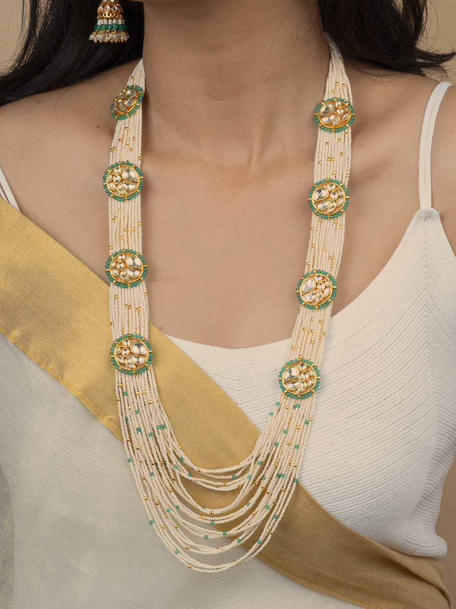 MS1972Y - Green Color Gold Plated Jadau Kundan Long Necklace Set