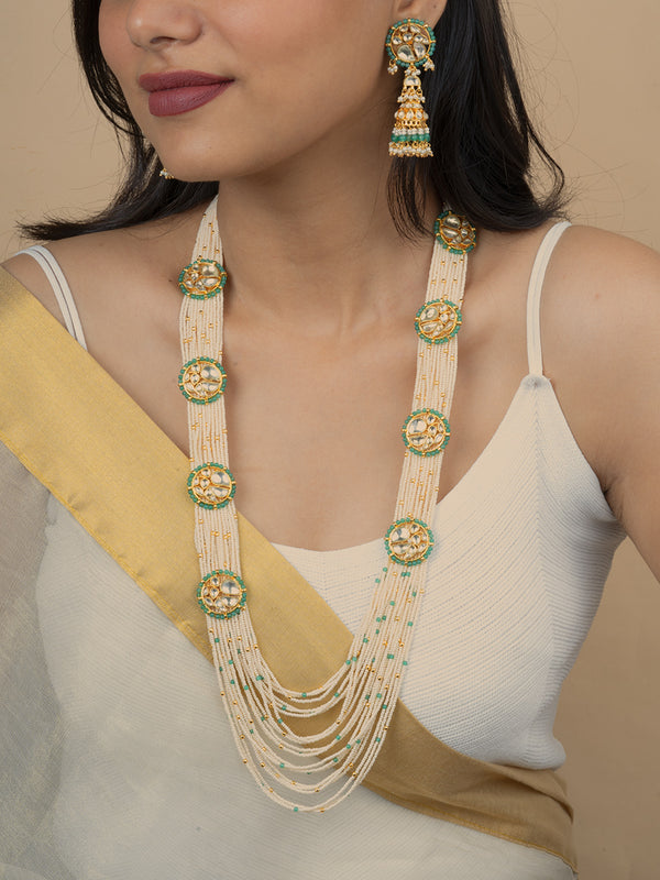 MS1972Y - Green Color Gold Plated Jadau Kundan Long Necklace Set
