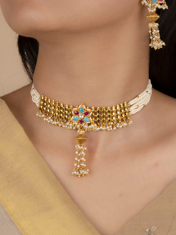 MS1974M - Multicolor Gold Plated Jadau Kundan Choker Necklace Set