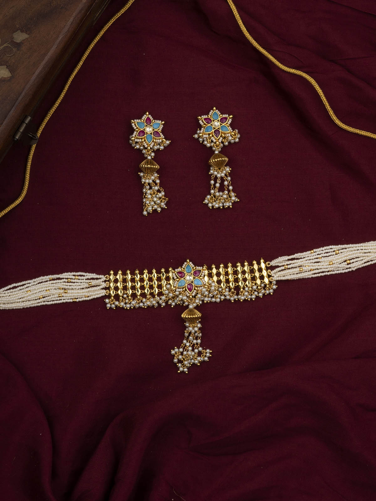 MS1974M - Multicolor Gold Plated Jadau Kundan Choker Necklace Set