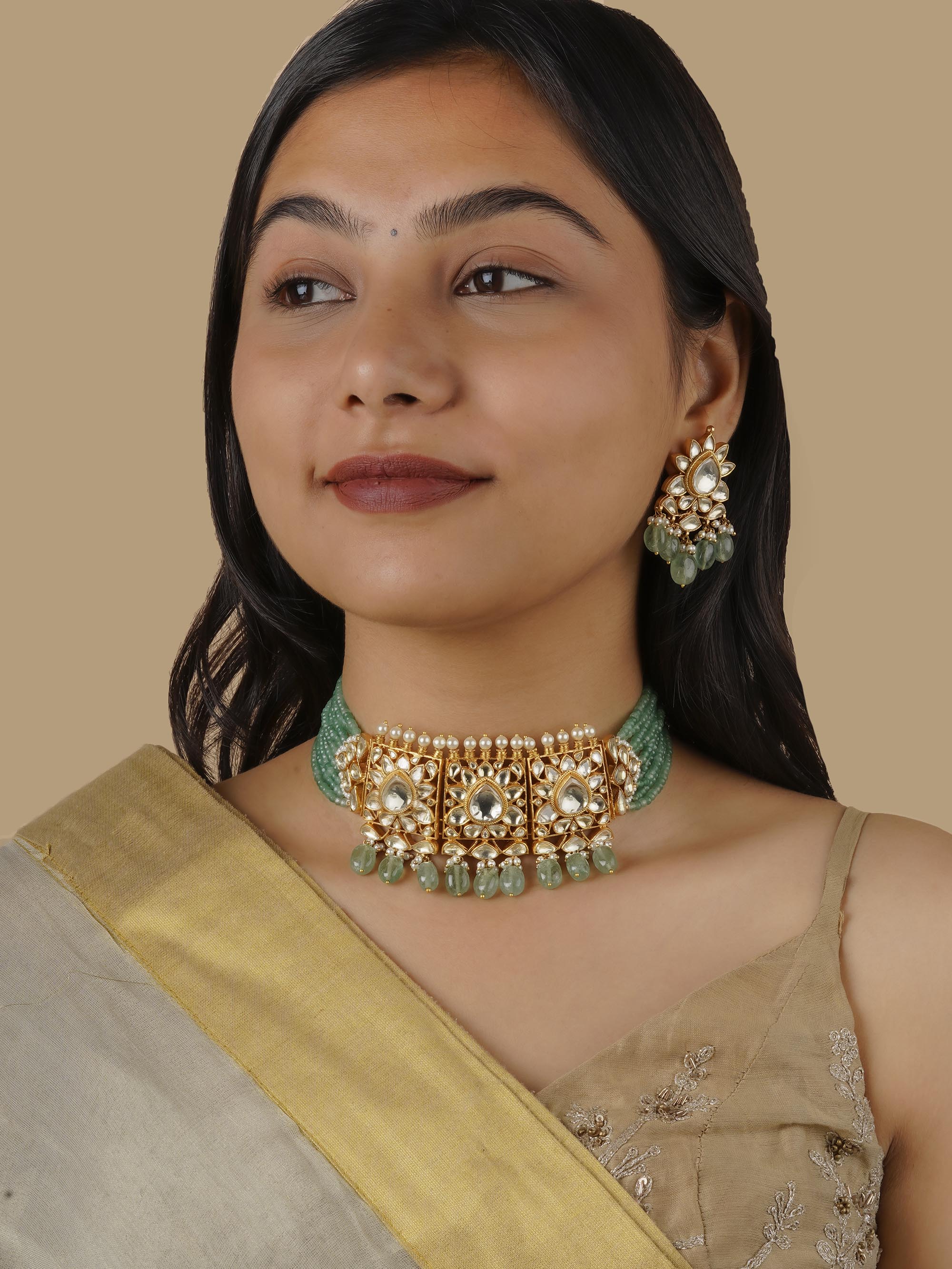 MS1975YA - Green Color Gold Plated Jadau Kundan Necklace Set