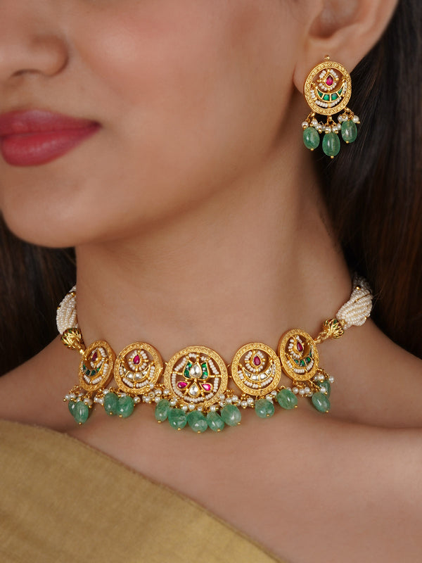 Multicolor Gold Plated Jadau Kundan Necklace Set - MS1976M