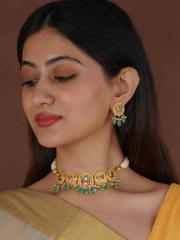 Red Color Gold Plated Jadau Kundan Necklace Set - MS2558YR