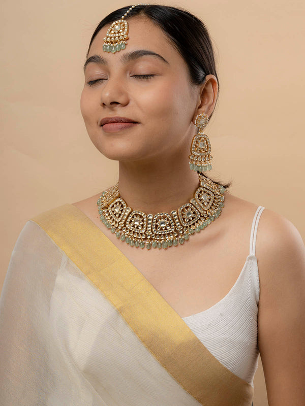 MS1977Y - Green Color Gold Plated Jadau Kundan Short Necklace Set With Tika