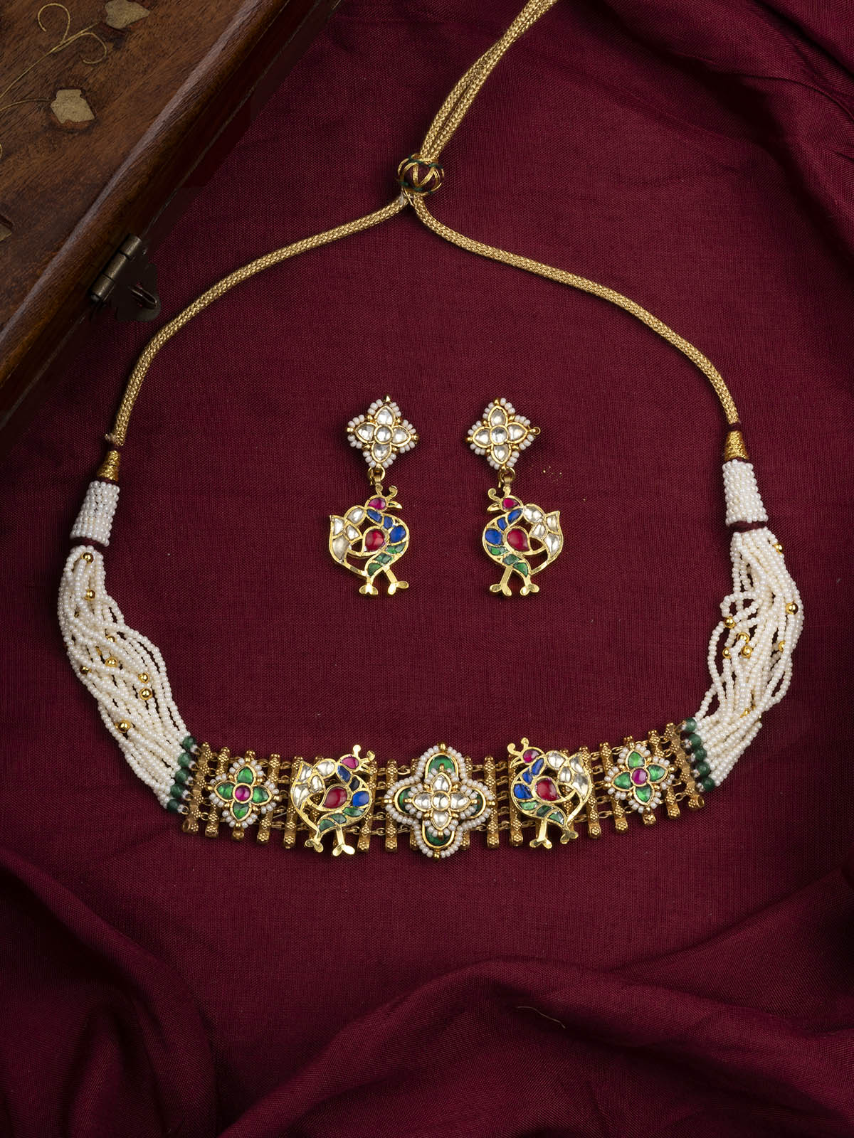 MS1979M - Multicolor Gold Plated Jadau Kundan Choker Necklace Set
