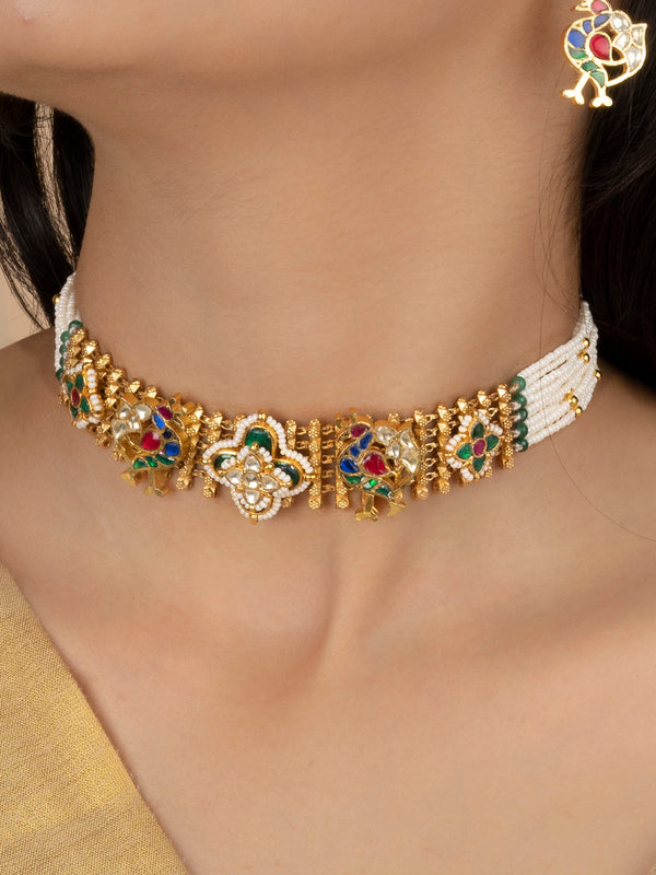 MS1979M - Multicolor Gold Plated Jadau Kundan Choker Necklace Set
